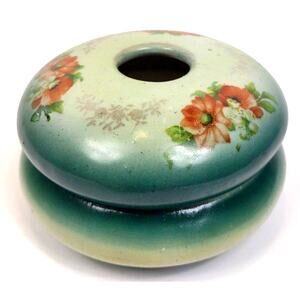 Antique Porcelain Hair Receiver Green Floral Vanity Decor 2 Piece Marked #77